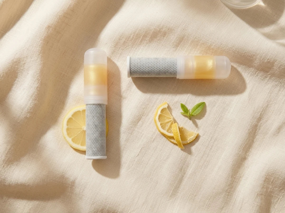 Deux cartouches de recharge, citron et rose, posées sur du lin
