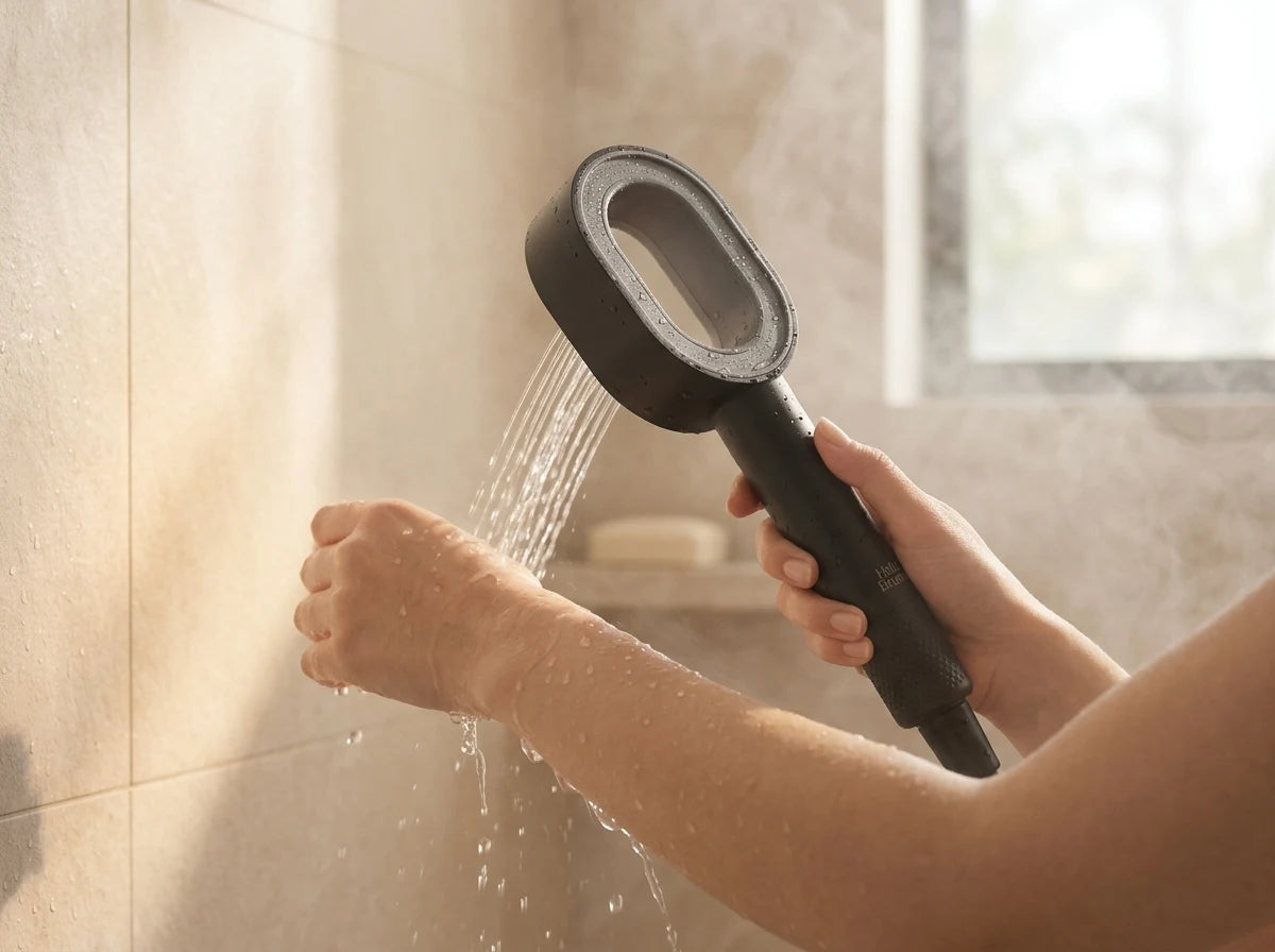 Eau du Halo qui coule sur un avant-bras, gouttes sur la peau
