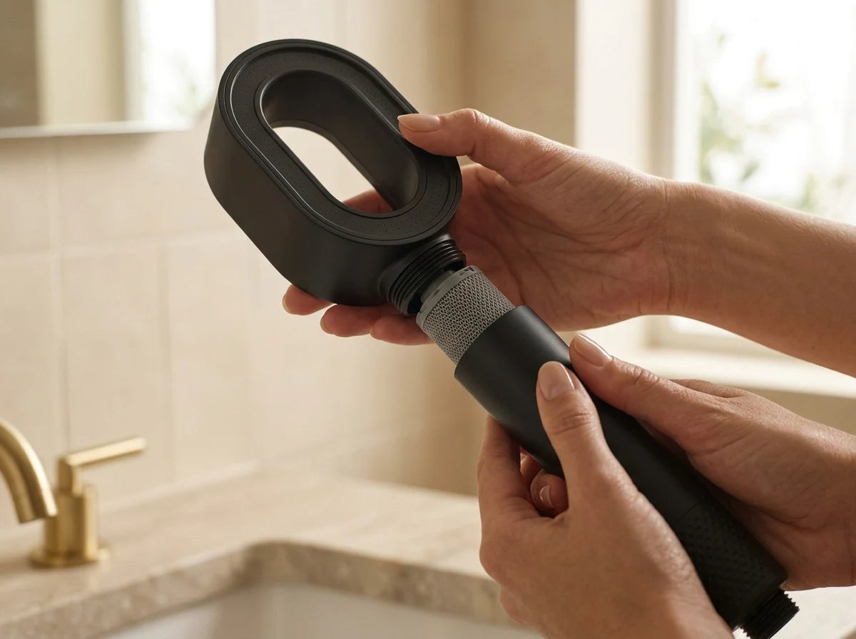 Mains qui dévissent le pommeau pour changer la cartouche