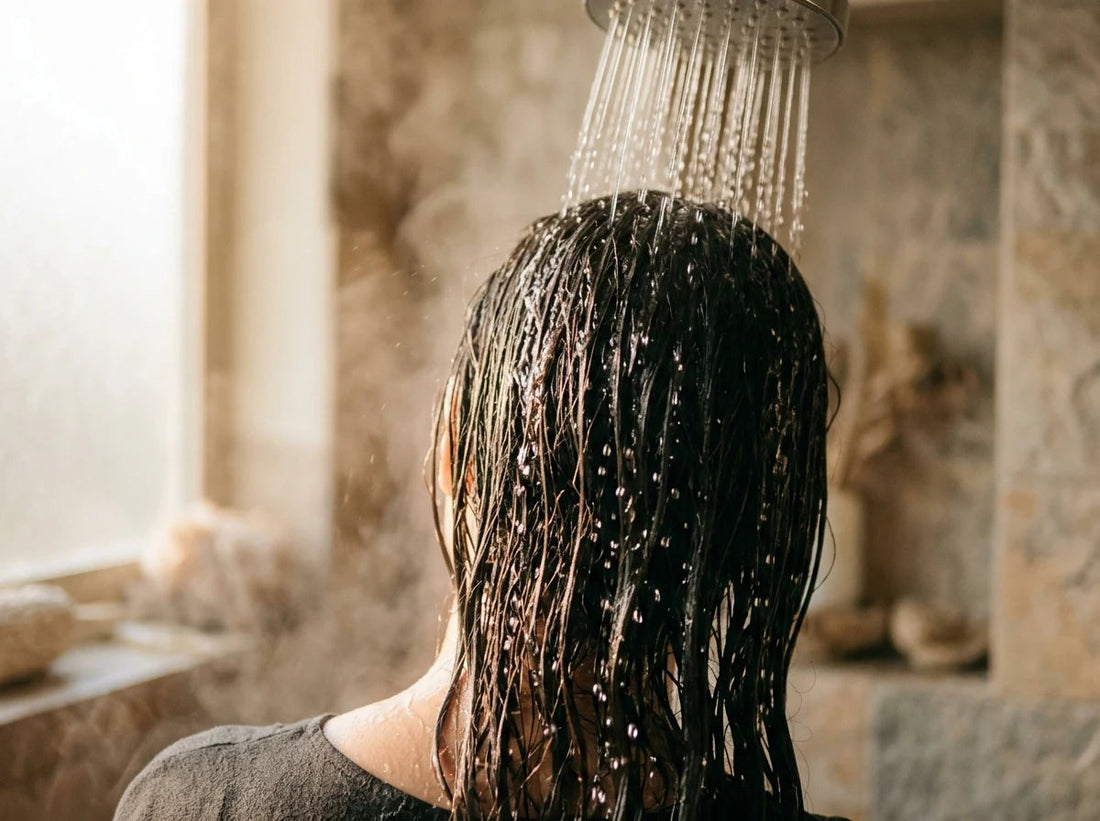 Cheveux mouillés sous la douche, gouttes d'eau