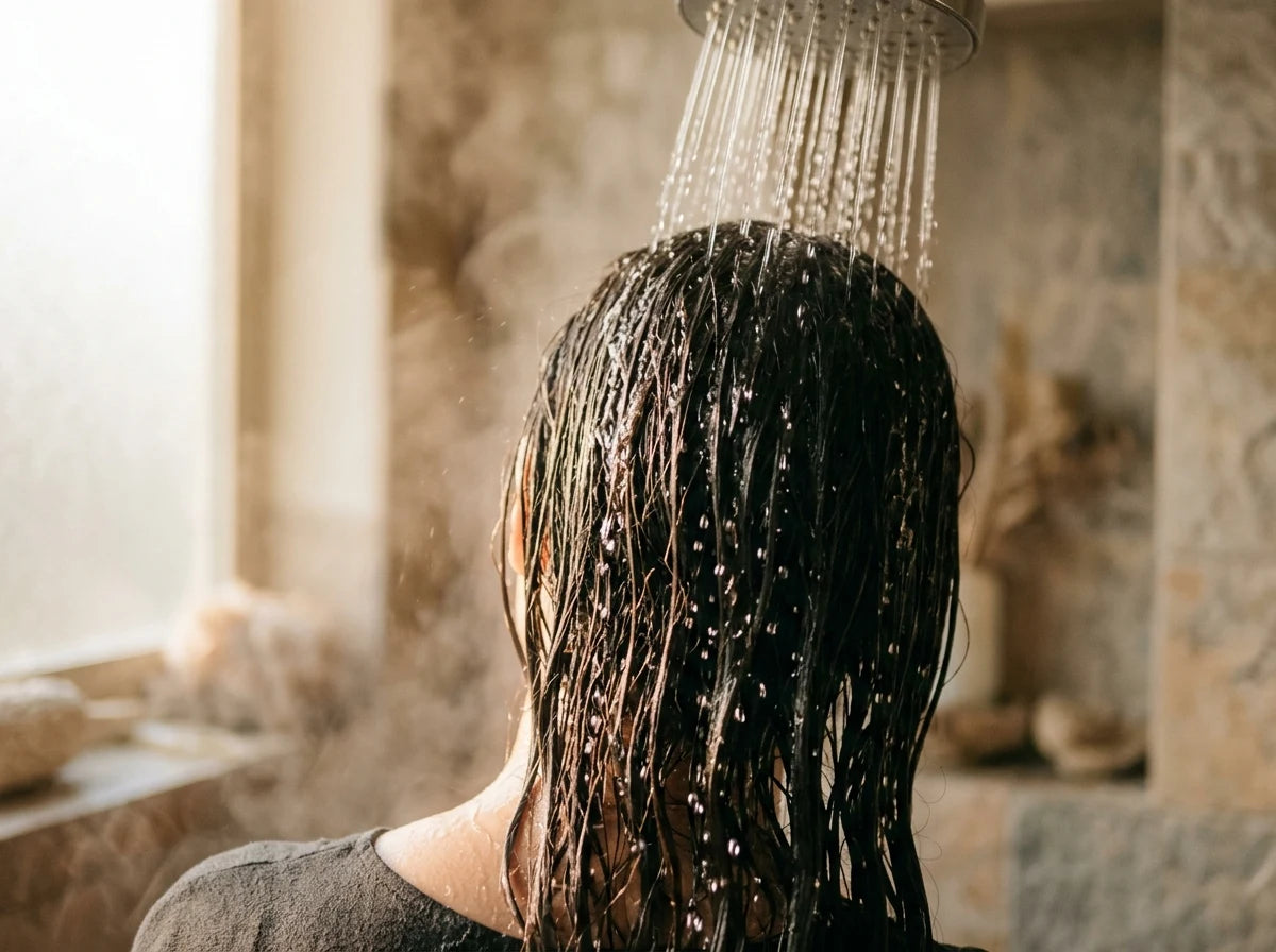 Cheveux mouillés sous la douche, gouttes d'eau