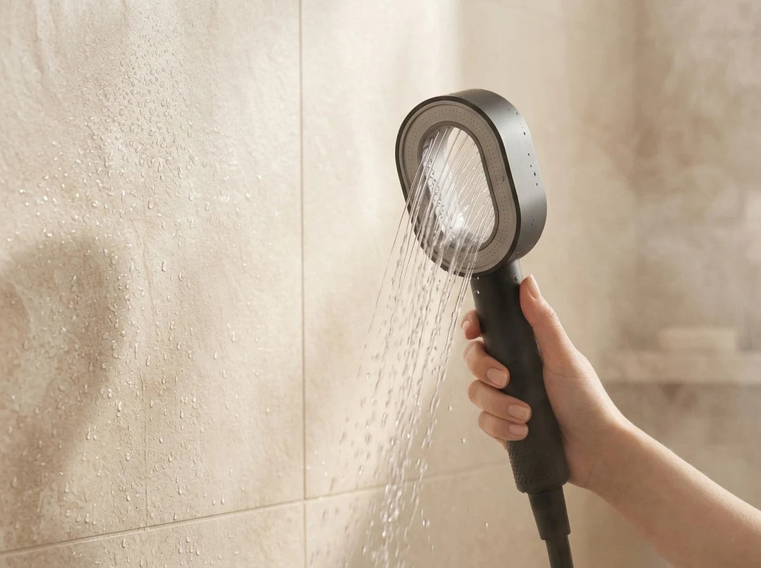 Eau qui ruisselle sur un carrelage beige, pommeau filtrant Le Halo en premier plan