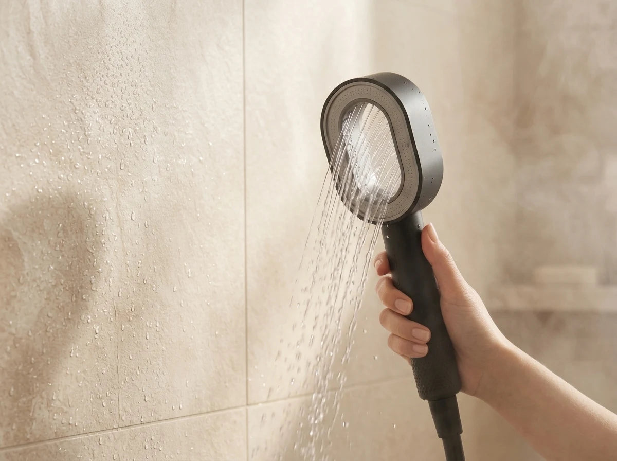 Eau qui ruisselle sur un carrelage beige, pommeau filtrant Le Halo en premier plan