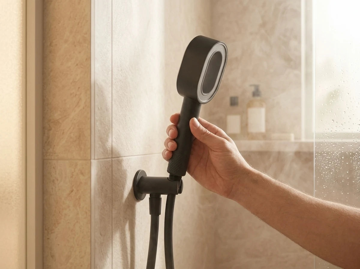 Main qui visse Le Halo sur le flexible de douche