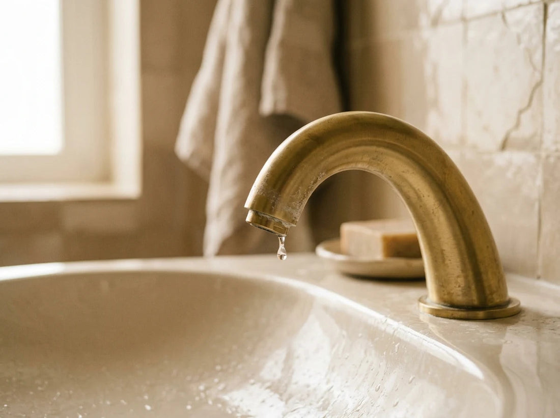 Robinet doré avec dépôt de calcaire, salle de bain chaleureuse