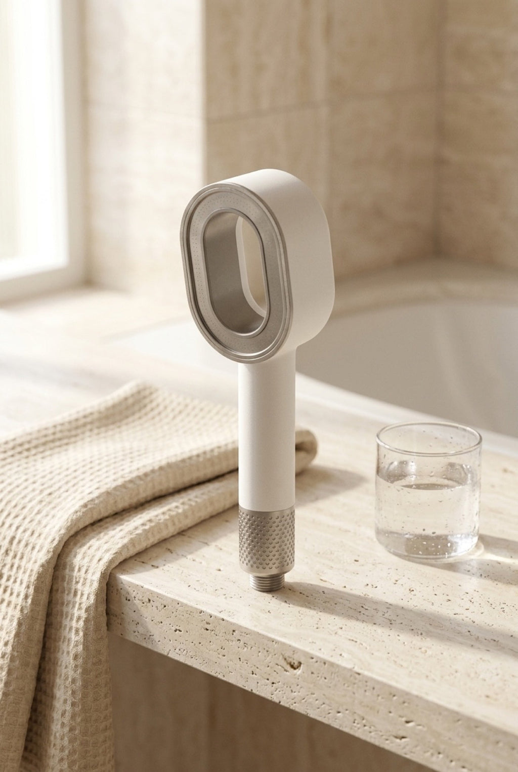 Le Halo blanc posé sur une étagère de salle de bain